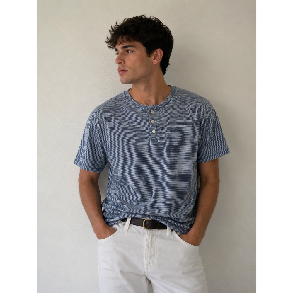 Even Tide Mens XL Henley Shirt Light Blue Striped Short Sleeve Coastal Casual